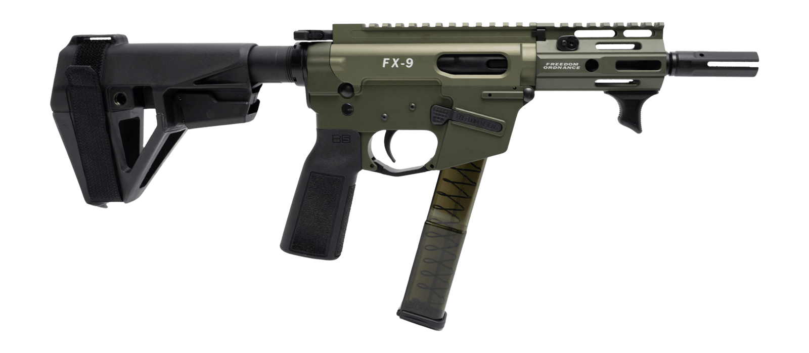 Freedom Ordance FX9P4E-ODG FX9P Elite 9mm Luger 4" Black Nitride Threaded Barrel, OD Green Anodized Aluminum Receiver w/Picatinny Rail, M-LOK Handguard, Black Polymer SB Tactical SBA5 Brace, Black Pol