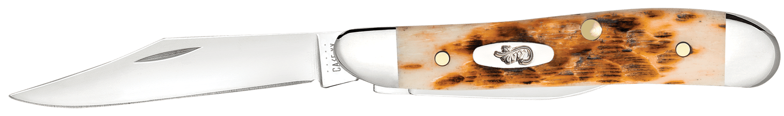 Case 00045 Peanut  2.10"/1.53" Folding Clip Point/Pen Plain Mirror Polished Tru-Sharp SS Blade, Peach Seed Jigged Amber Jigged Bone Handle