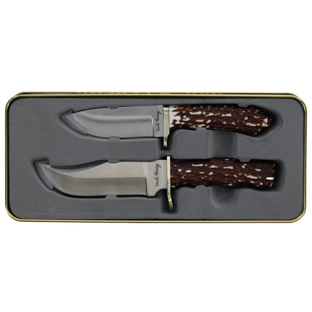Uncle Henry Fixed Combo Gift Tin Set 2 Knives 3-1/4" Drop Point Blade 4-1/4" Blade