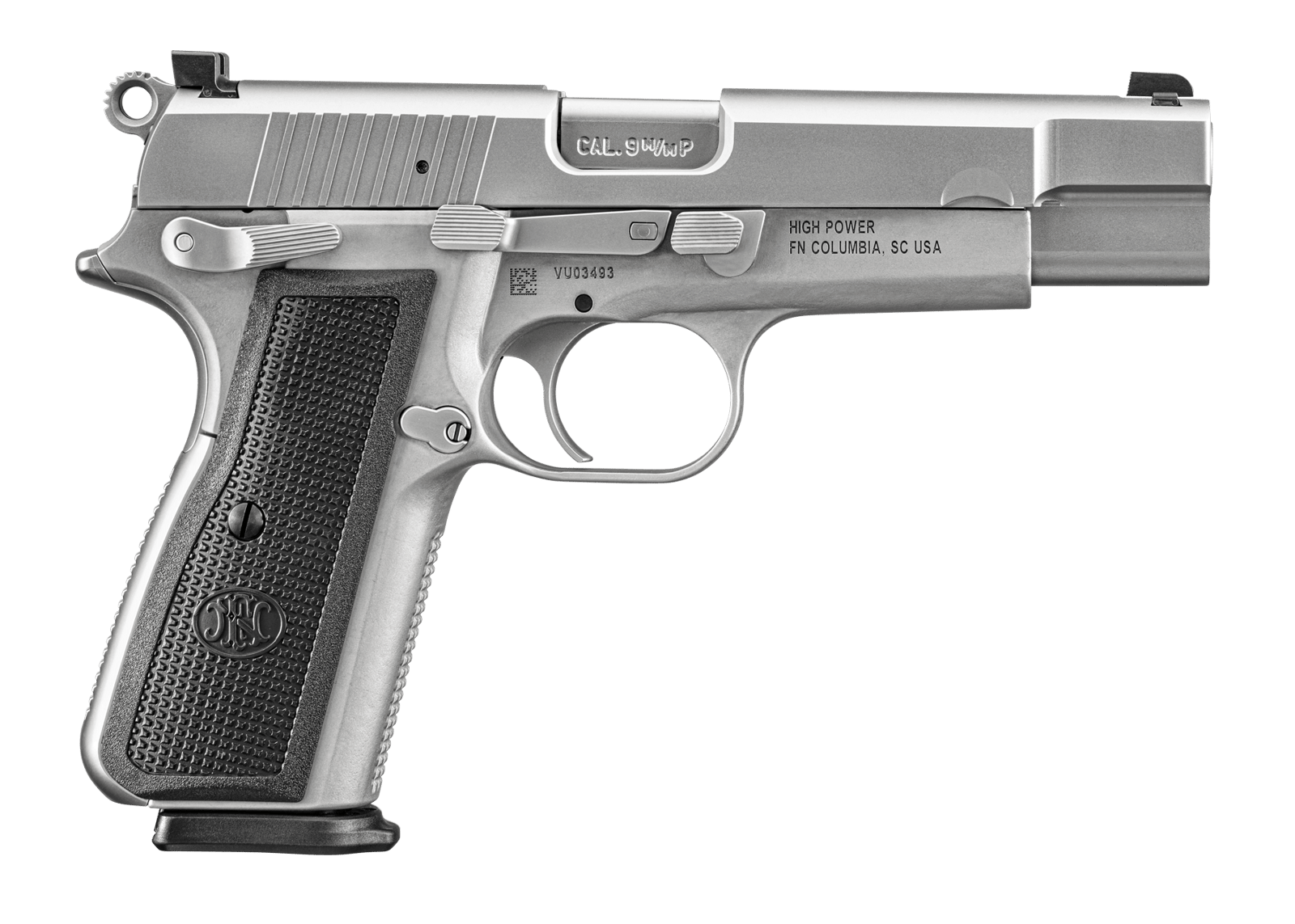 FN 66101068 High Power  9mm Luger 17+1, 4.70" Black Target Crown Steel Barrel, Stainless PVD Serrated Steel Slide, Matte Stainless Steel Frame w/Beavertail, Black Textured Polymer Grip, Ambidextrous