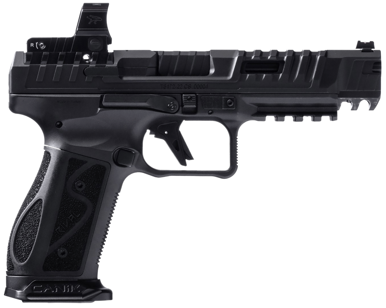 Canik HG7607N SFx Rival-S Full Size Frame 9mm Luger 18+1, 5" Black Steel Barrel, Dark Side Optic Ready/Serrated w/Ports Steel Slide, Steel Frame w/Picatinny Rail, MeCanik MO2 Red Dot, Ambidextrous