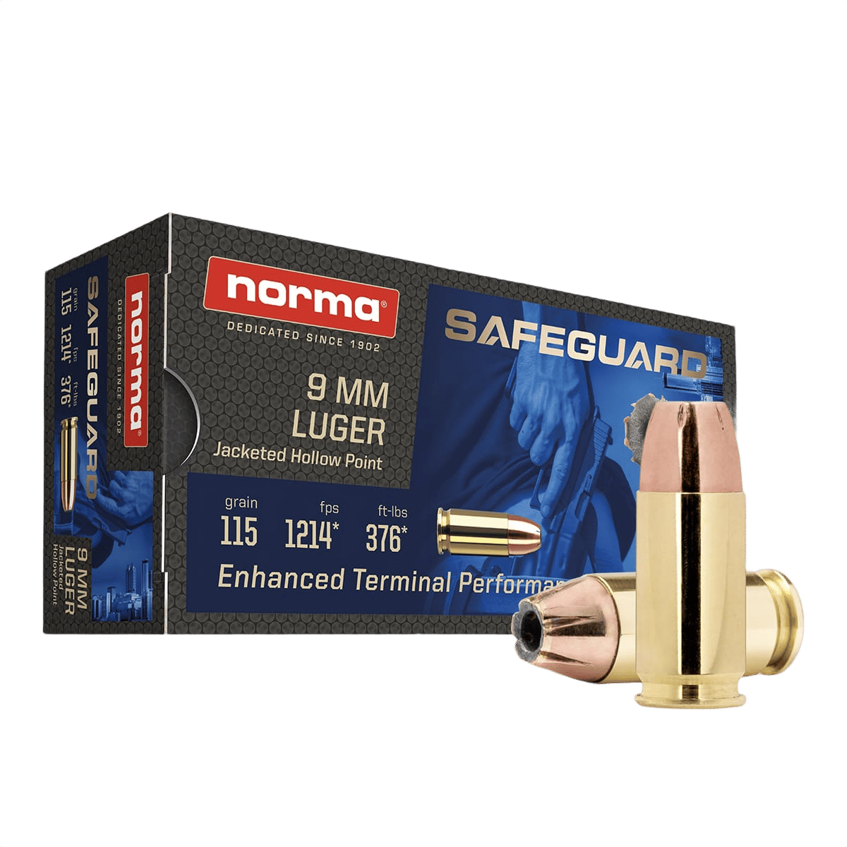 Norma Ammunition 610540050  Safeguard 9mmLuger 115gr Jacketed Hollow Point 50 Per Box/20 Case