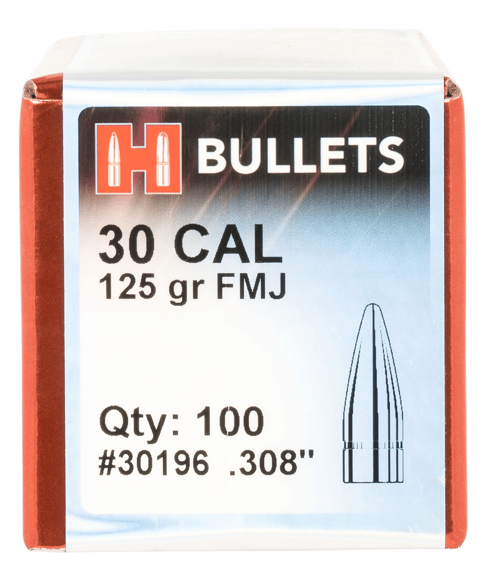 Hornady 30196 FMJ  30 Cal .308 125 gr Full Metal Jacket 100 Per Box/ 25 Case