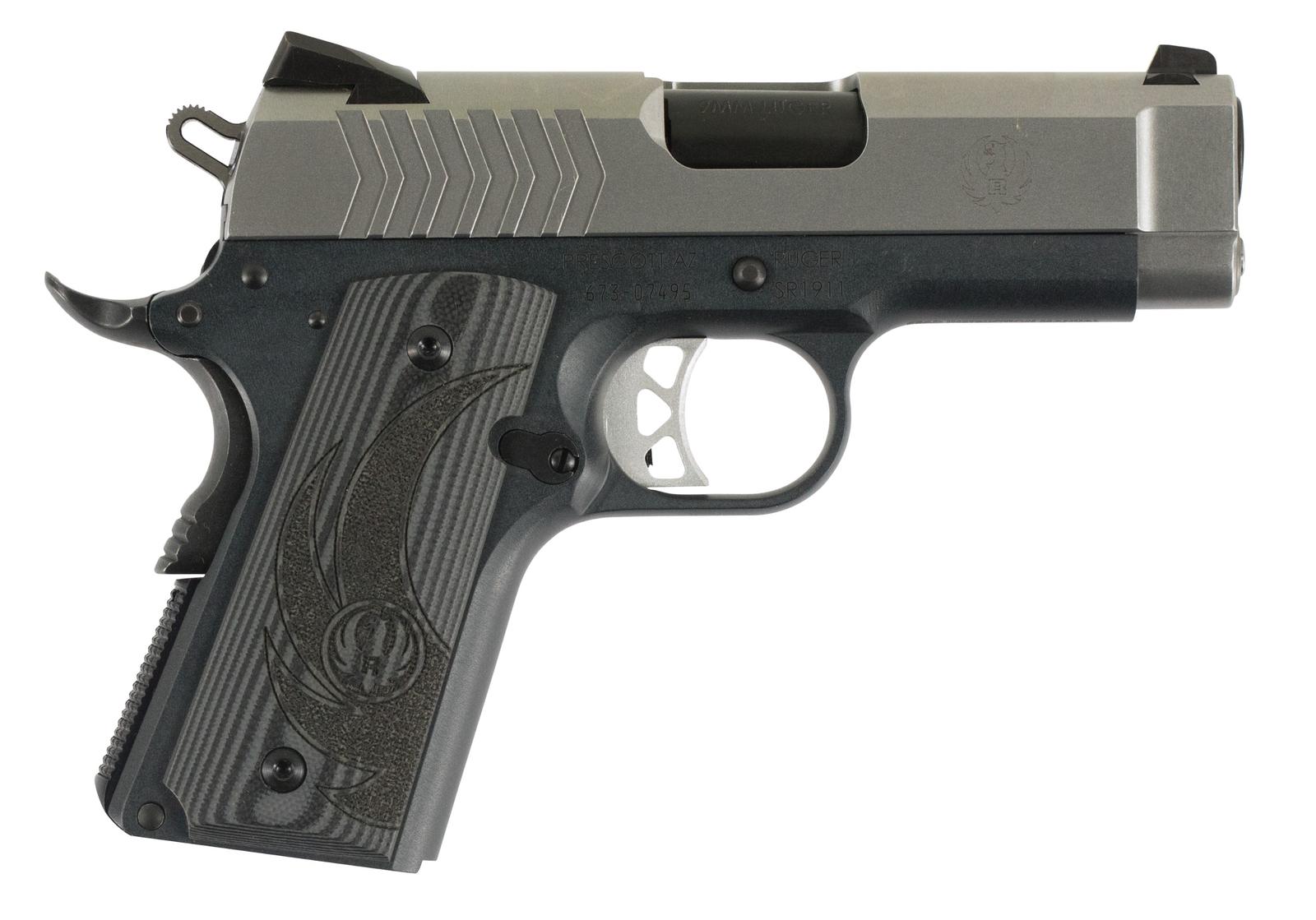 Ruger 6758 SR1911 Officer-Style 9mm Luger 7+1 3.60" Black Steel Barrel, Serrated Stainless Steel Slide, Tungsten Gray Cerakote Aluminum Frame w/Beavertail, Deluxe Checkered G10 Grip