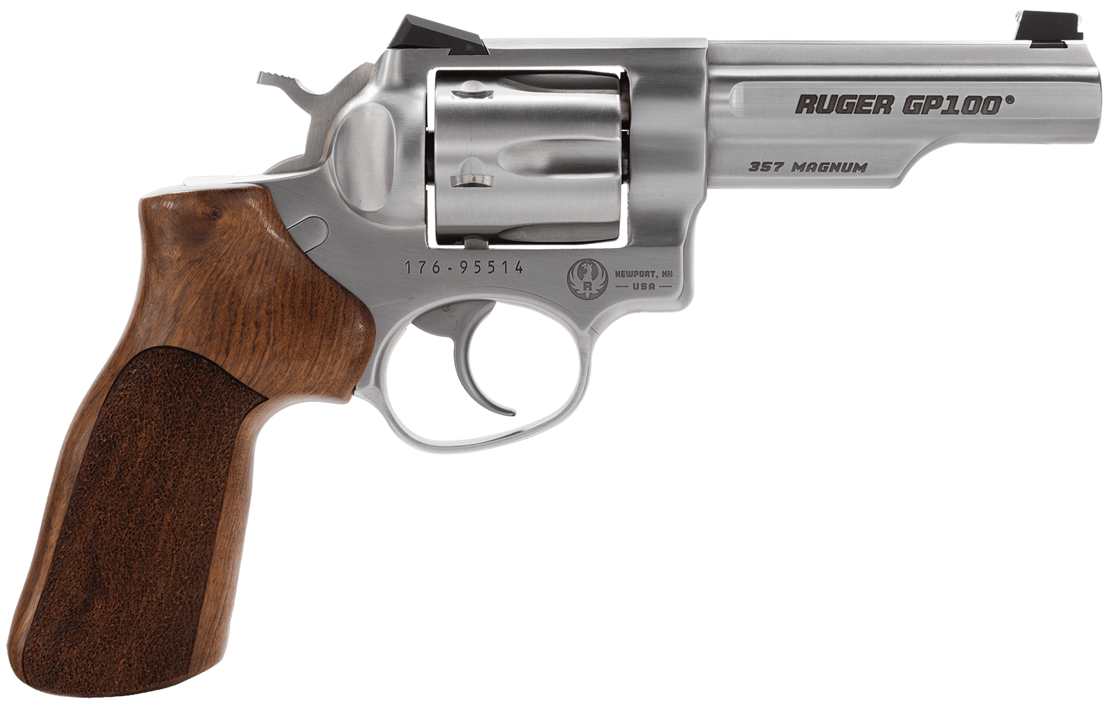 Ruger 1754 GP100 Match Champion Medium Frame 357 Mag 6rd 4.20" Satin Stainless Steel Half-Lug Barrel, Cylinder & Frame, Hogue Stippled Hardwood Grip, Transfer Bar Safety, Exposed Hammer