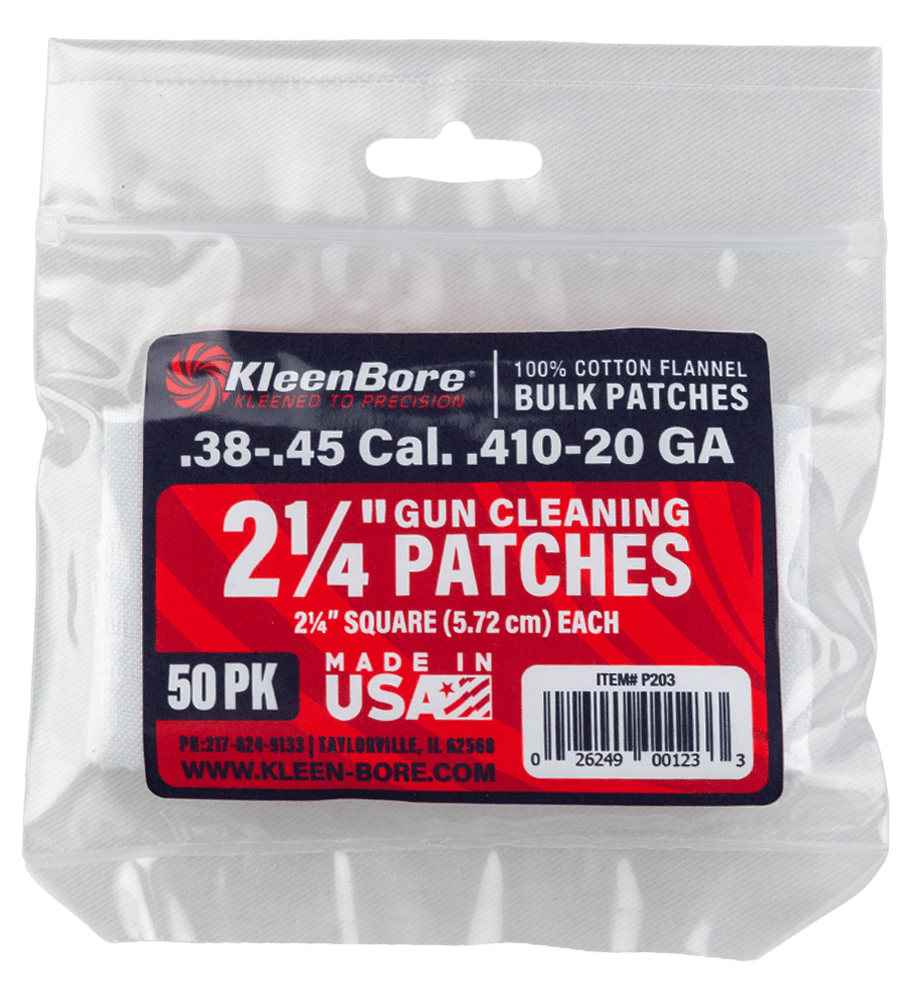 KleenBore P203 Super Shooter  .38/ .45 Cal 20/.410 Gauge 2.25" 100% Cotton Flannel 50 Per Pack