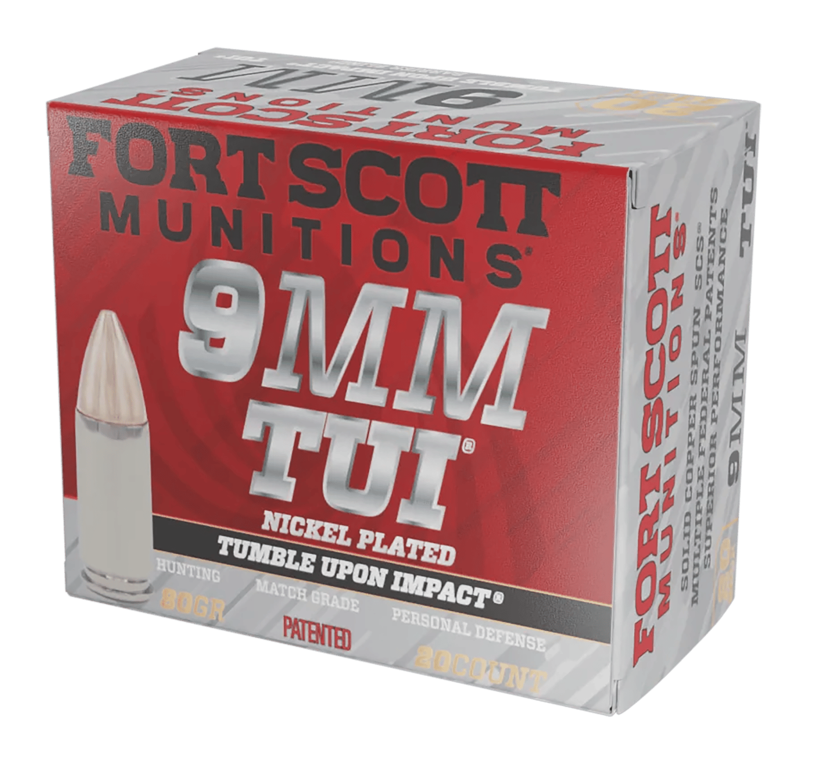 Fort Scott Munitions 9MM080SCVNIC Tumble Upon Impact (TUI)  9mmLuger 80gr Solid Copper Spun 20 Per Box/25 Case