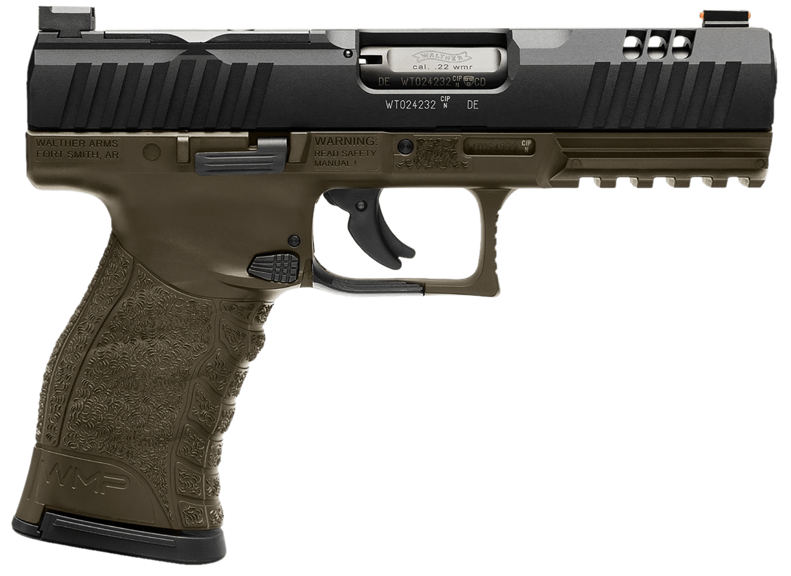 Walther Arms 5220307 WMP  Full Size Frame 22 WMR 15+1 4.50" Black Steel Barrel, Black Optic Ready/Serrated Slide, OD Green Polymer Frame w/Picatinny Rail, Textured Polymer Grip
