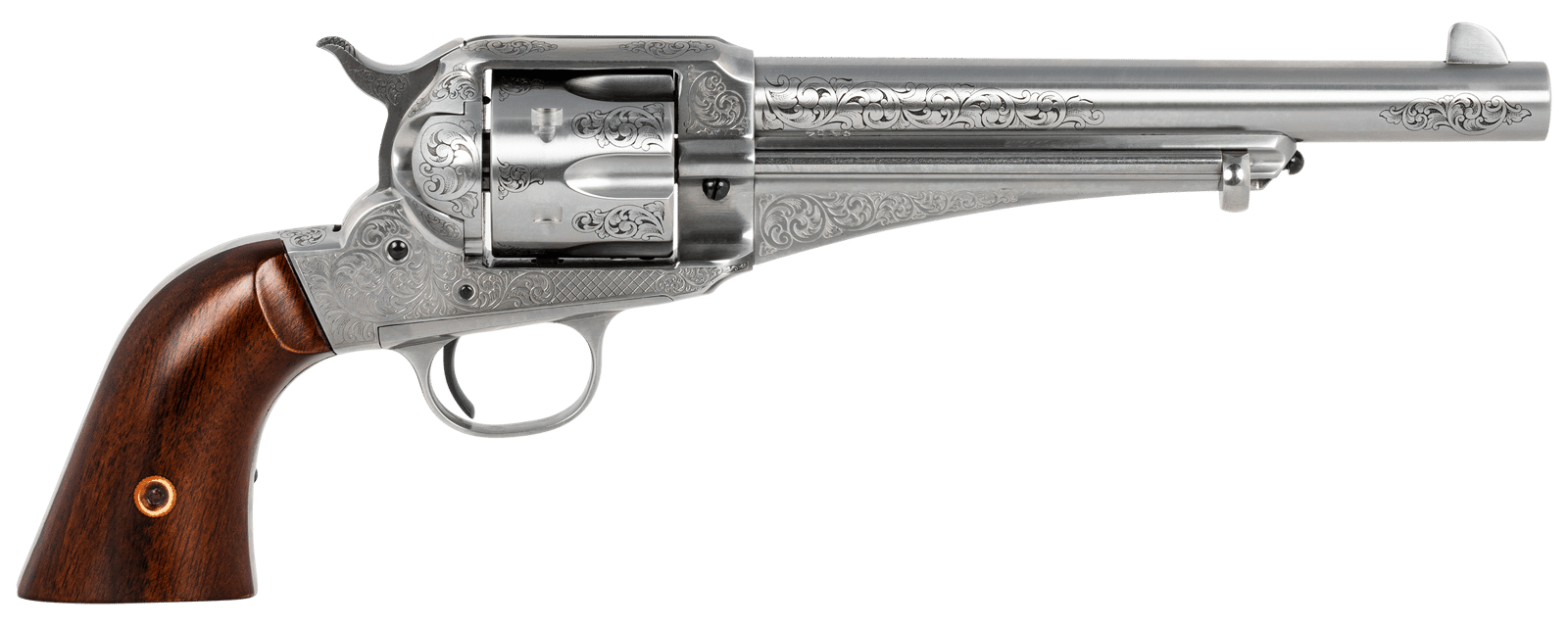 Taylors & Company 550389 1875 Army Outlaw 45 Colt (LC) Caliber with 7.50" Barrel, 6rd Capacity Cylinder, Overall White Engraved Finish Steel & Walnut Grip