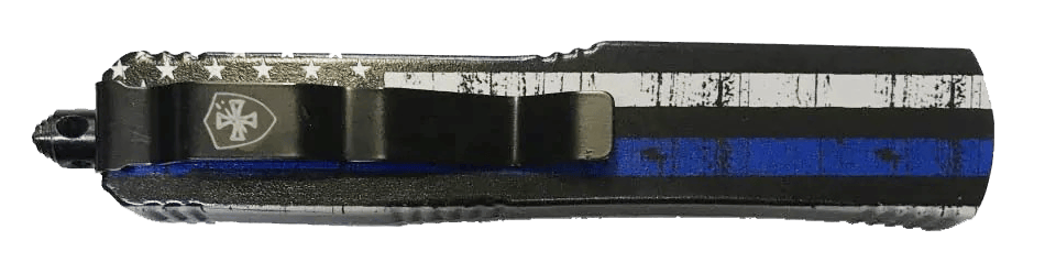 Templar Knife MBTB331 Gen II Back The Blue Slim 3.43" OTF Drop Point Plain Black Oxide Stonewashed 440C SS Blade, 5.05" Black & White w/Blue Line Aluminum Handle, Glass Breaker