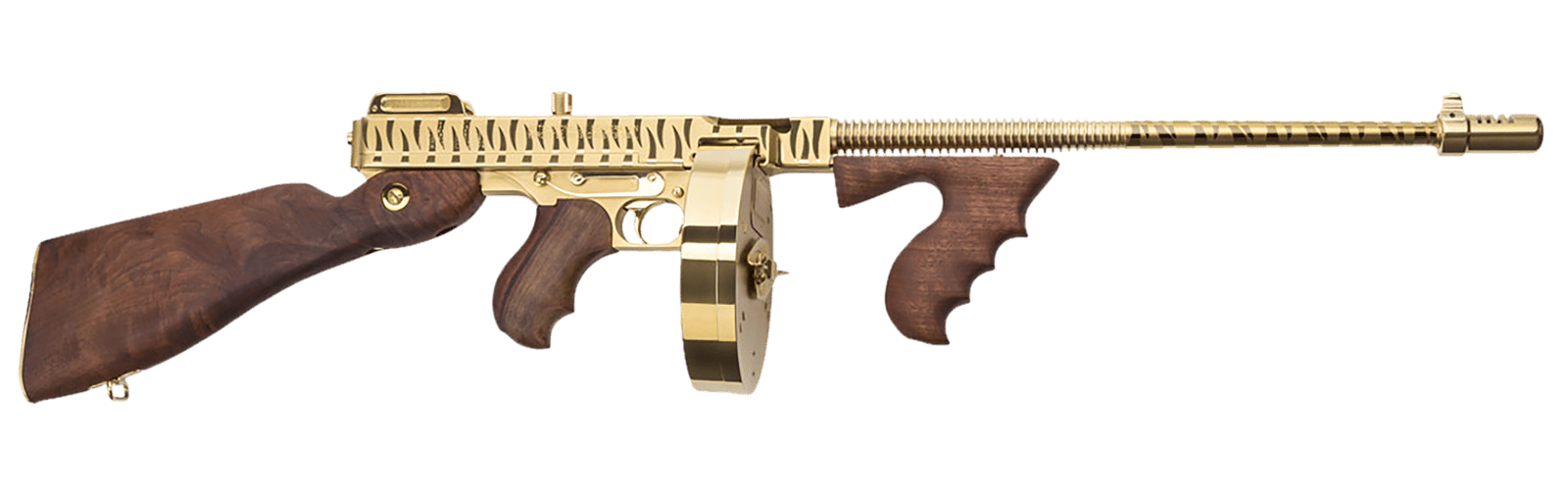 Thompson T150DTGTS 1927A-1 Deluxe 45 ACP Caliber with 16.50" Barrel, 20+1 Capacity (Stick), 50+1 Capacity (Drum), Gold w/Tiger Stripe Metal Finish, American Walnut Stock Wood Grip Right Hand