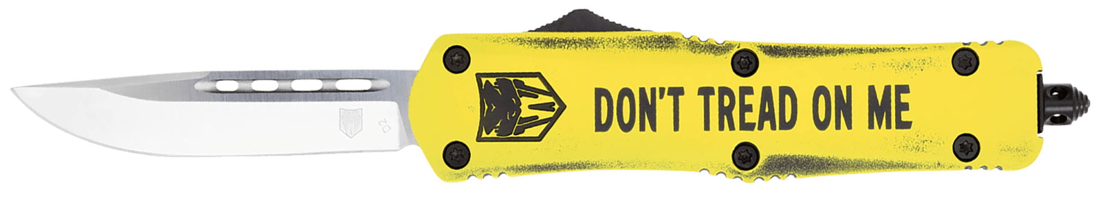 CobraTec Knives MDTOMFS3DNS FS-3 Don't Tread On Me Medium 3" OTF Drop Point Plain D2 Steel Blade Yellow w/"Don't Tread On Me" Aluminum Cerakoted Handle Features Glass Breaker Includes Pocket Clip
