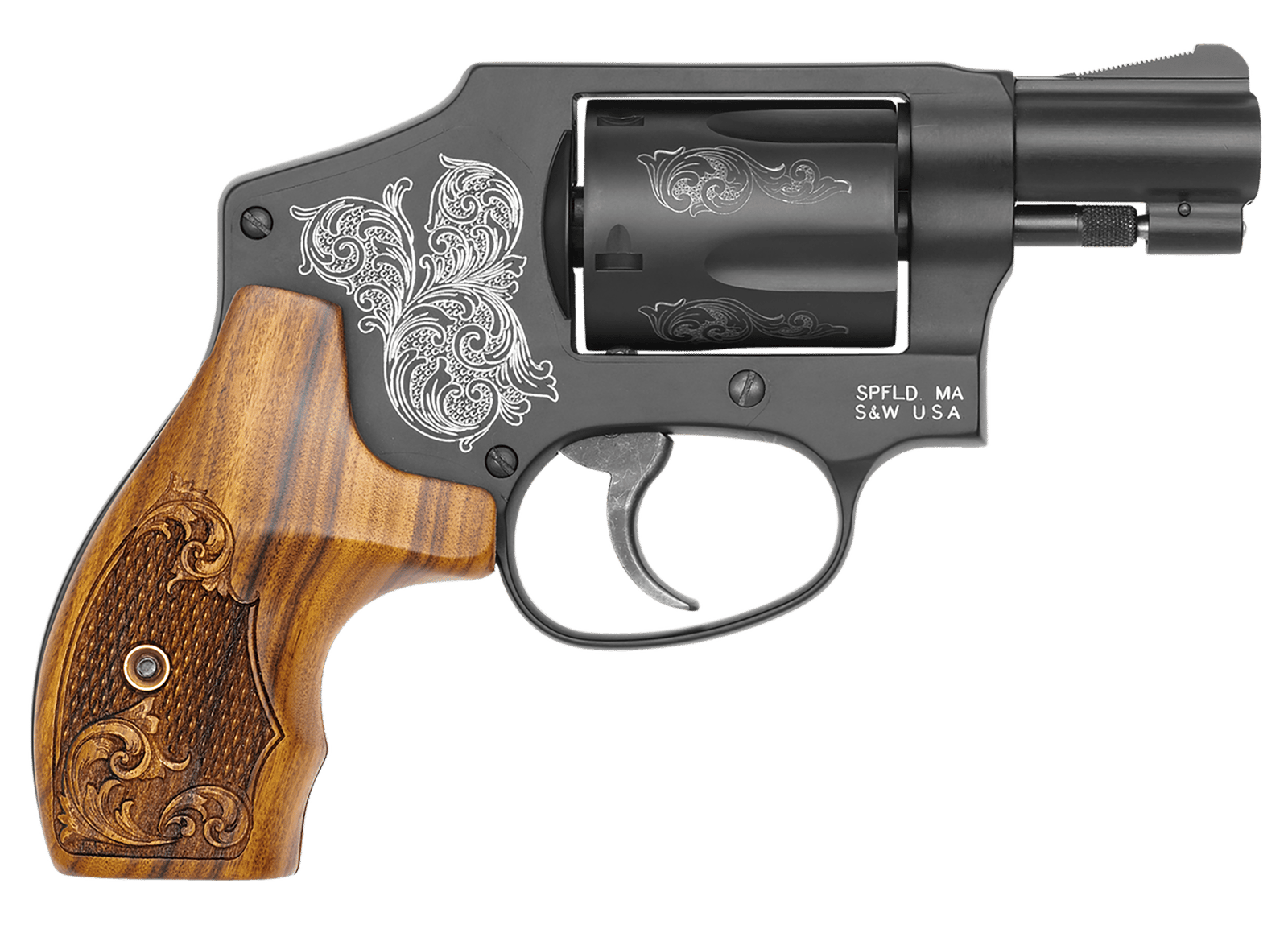 Smith & Wesson 150785 Model 442  38 S&W Spl +P 5 Shot 1.88" Engraved Black Carbon Steel Barrel/Cylinder, Engraved Black Aluminum J-Frame, Engraved Wood Grip, Mahogany Presentation Case