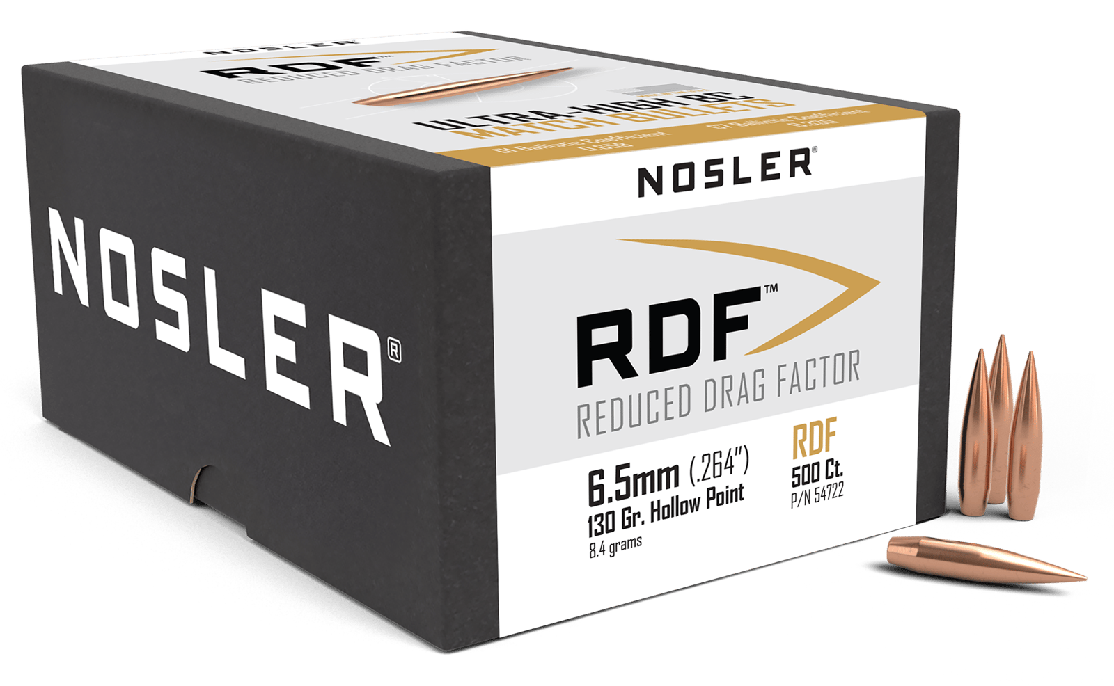 Nosler 54722 RDF Match 6.5Creedmoor 130gr Hollow Point Boat Tail 500/Box