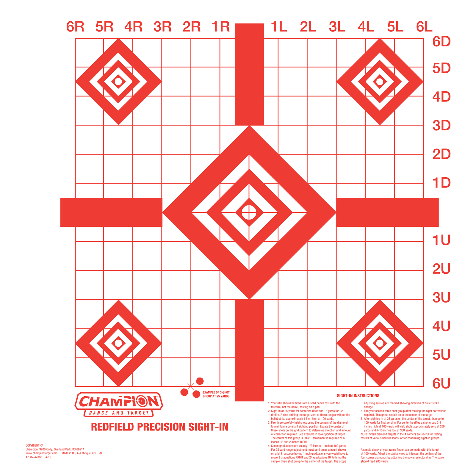 Champion Targets 47388 Redfield Sight-In Diamond Paper Pistol/Rifle 16" x 16" White/Red 10 Pk.