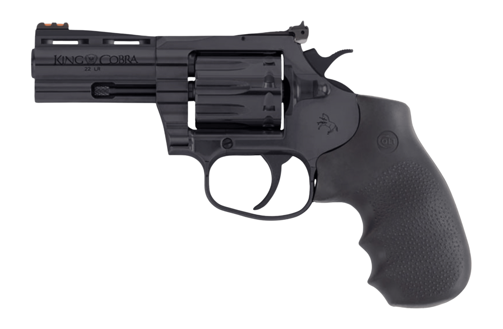Colt Mfg KCOBRA22-BP3RFO King Cobra Target 22 LR 10rd Shot 3" Blued Vent Rib Barrel, Blued Carbon Steel Cylinder & Frame, Black Hogue Overmolded Grip, Exposed Hammer