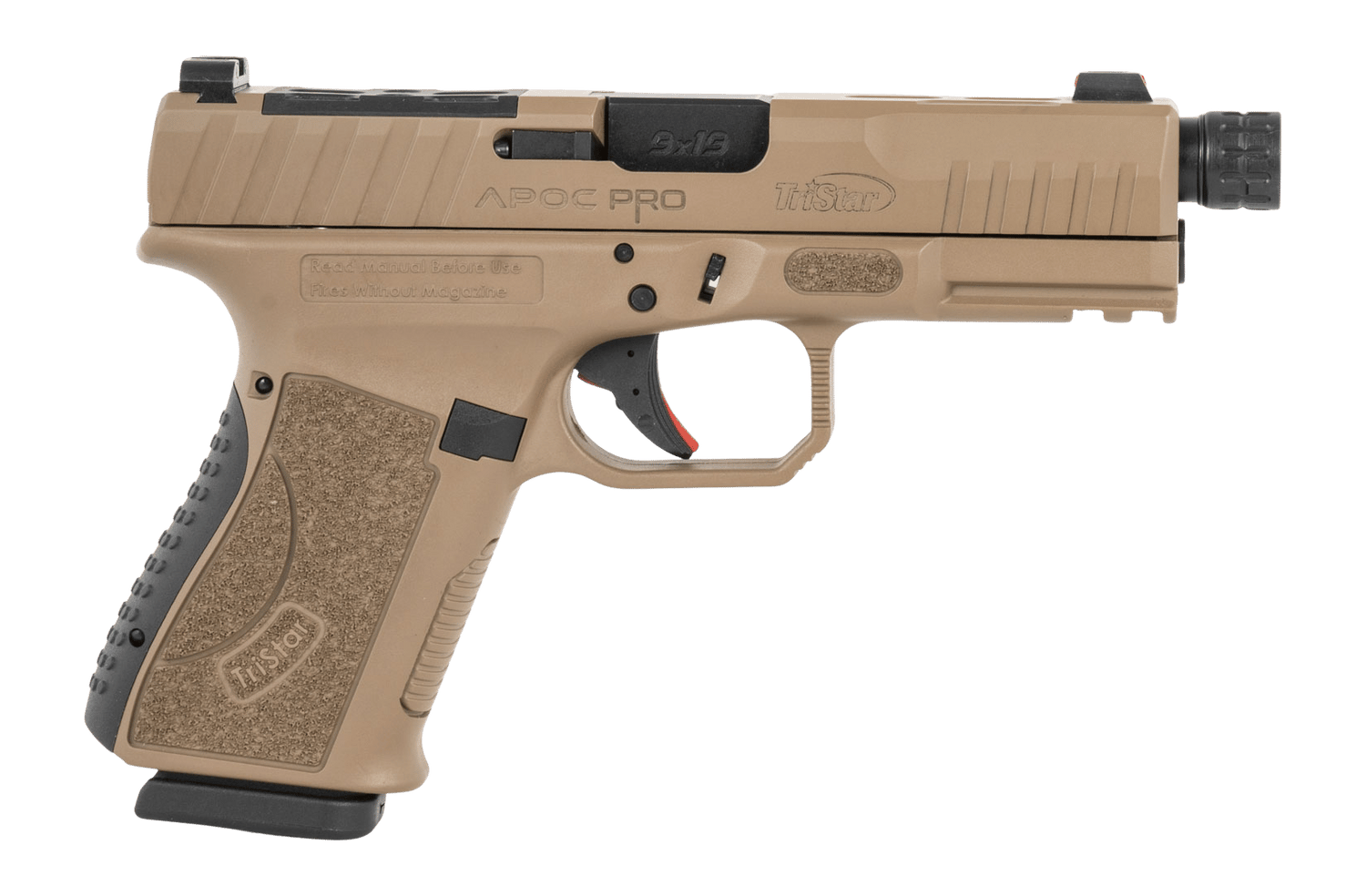 TriStar 85784 Apoc Pro 9mm Luger 15+1 4.50" Black Threaded Barrel, Flat Dark Earth Cerakote Steel Optic Ready/Serrated Slide, Flat Dark Earth Polymer Frame w/Picatinny Rail, Interchangeable Backstrap