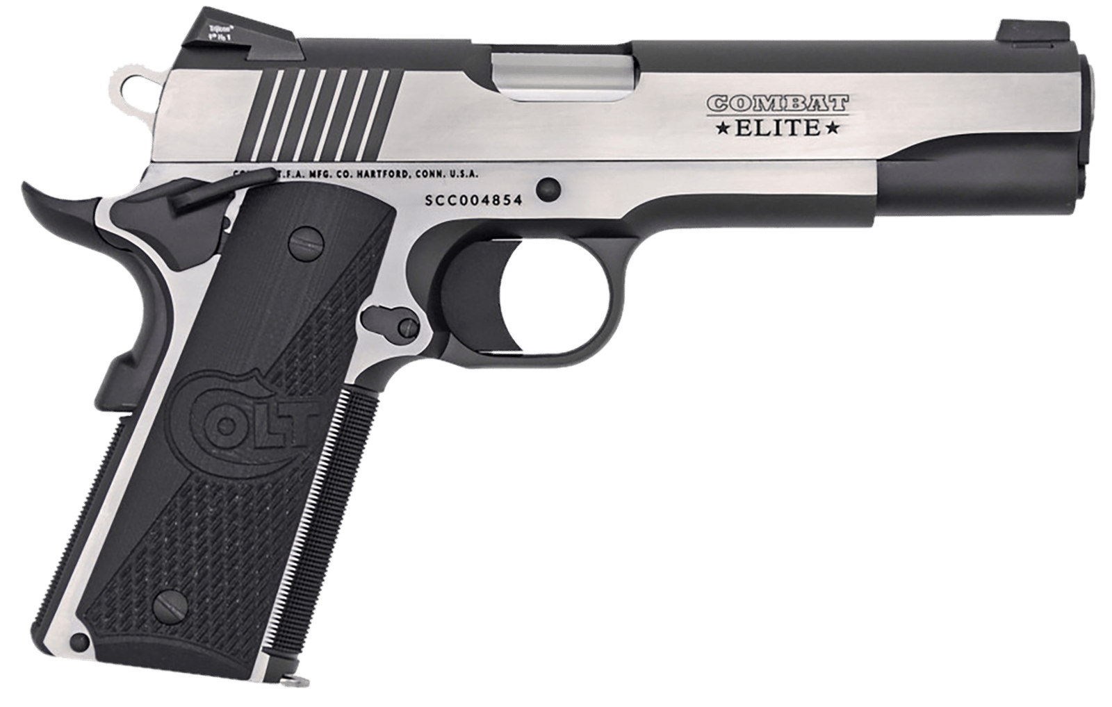 Colt Mfg O1072CE 1911 Combat Elite Government 9mm Luger 5" 9+1 Overall Two-Tone Elite Finish Stainless Steel Frame & Slide with Half Checkered & Scalloped Black G10 Grip & Night Sights
