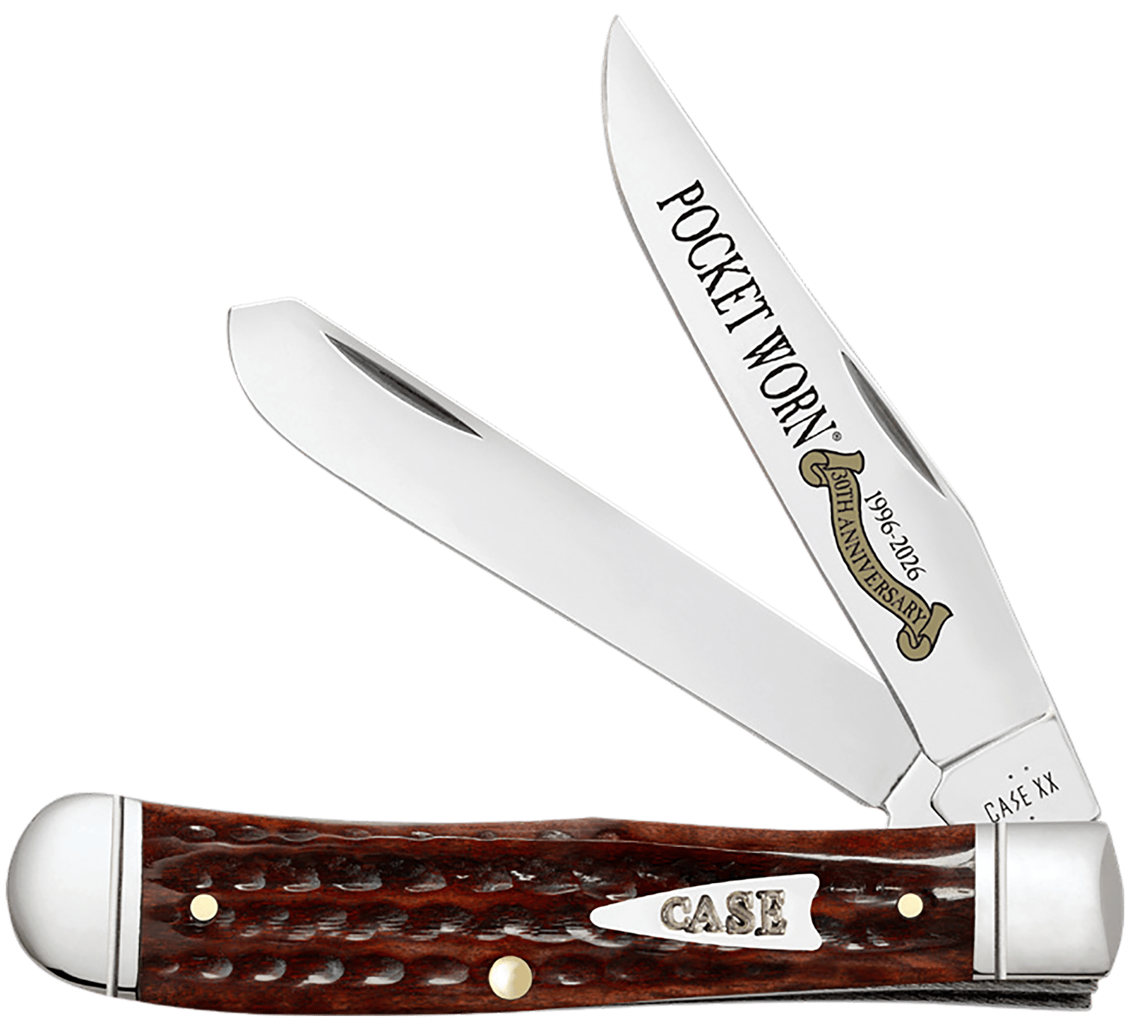 Case 55230 Pocket Worn Trapper Folding Clip Point/Spey Plain Mirror Polished Tru-Sharp SS Blade, Corn Cob Jigged Mahogany Bone Handle