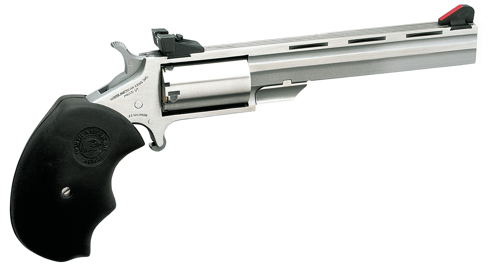 North American Arms MMTM Mini-Master *CA Compliant 22 WMR 5 Shot 4" Stainless Steel Vent Rib Barrel, Stainless Steel Frame, Stainless Cylinder, Black Finger Grooved Rubber Grip, Exposed Hammer