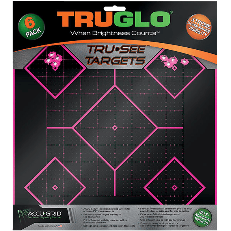 TruGlo TG14P6 Tru-See 5- Diamond Target Self-Adhesive Heavy Paper Black/Pink 12"x12" 6 Pack