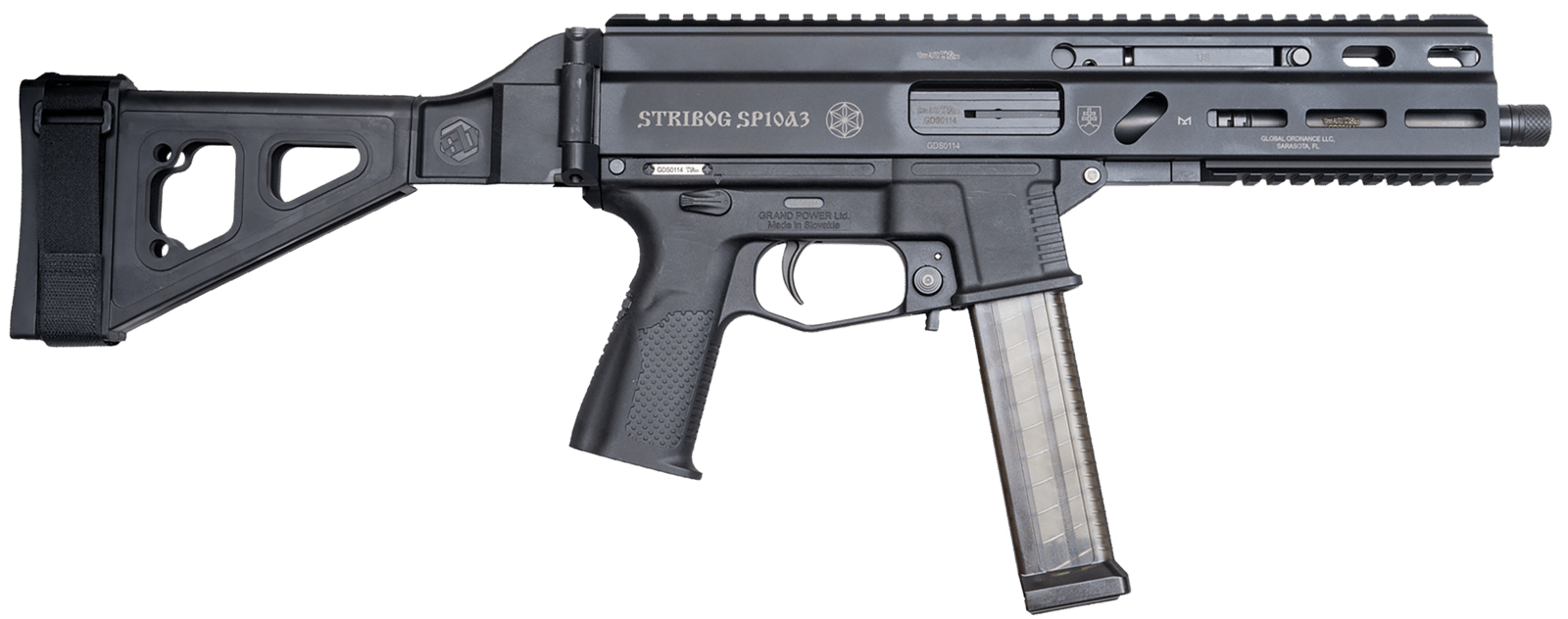 Grand Power 197892004848 SP10A3 Stribog 10mm Auto 20+1 8" Black Threaded Barrel, Black Aluminum Picatinny Rail Receiver, Black Polymer SB Tactical Brace, Black Polymer Grip, Thread Protector