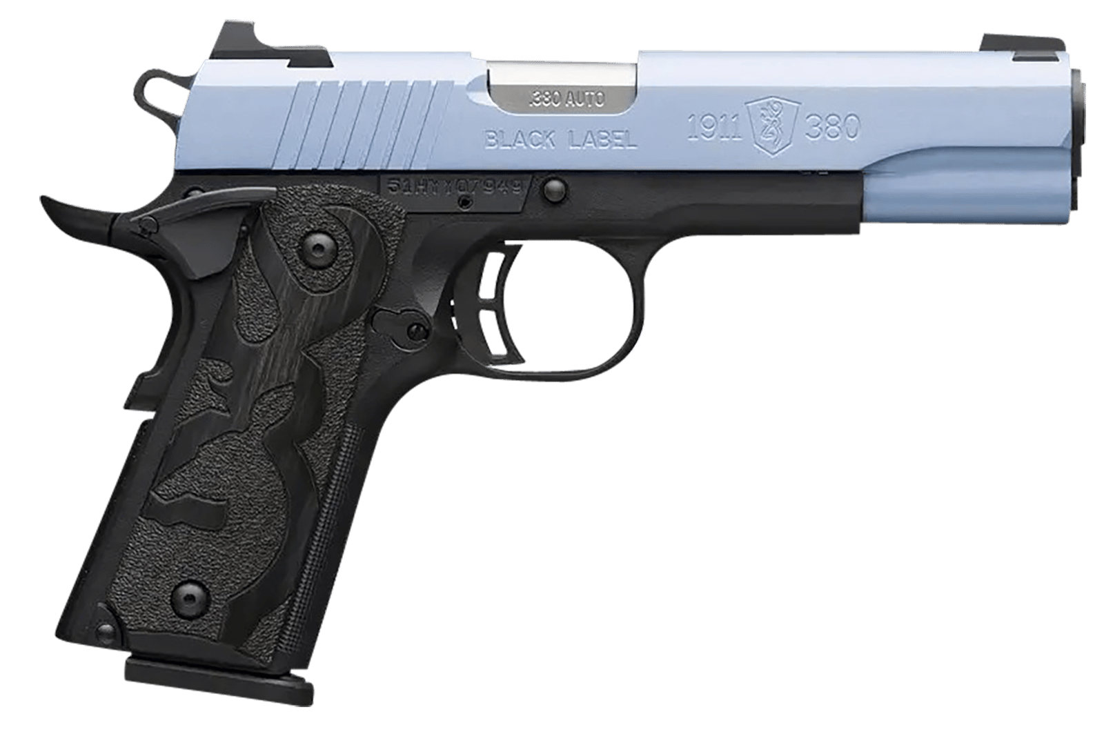 Browning 051989492 1911-380 Black Label Full Size Frame 380 ACP 8+1, 4.25" Matte Stainless Steel Barrel, Polar Blue Cerakote Serrated Aluminum Slide, Matte Black Polymer Frame w/Beavertail