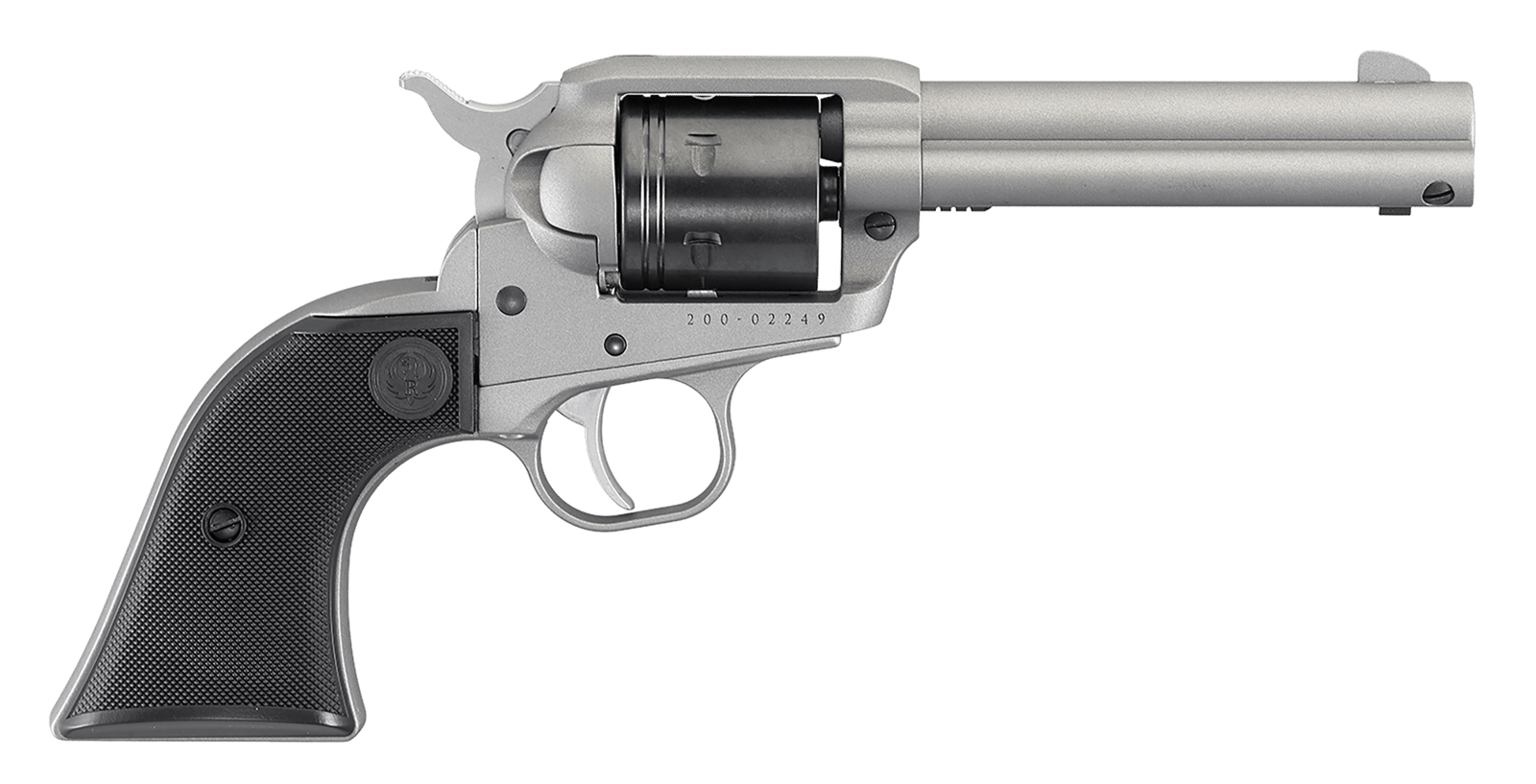 Ruger 2003 Wrangler  22 LR 6 Shot 4.62" Silver Cerakote, Silver Cerkoate Aluminum Frame & Cylinder Black Checkered Polymer Grips