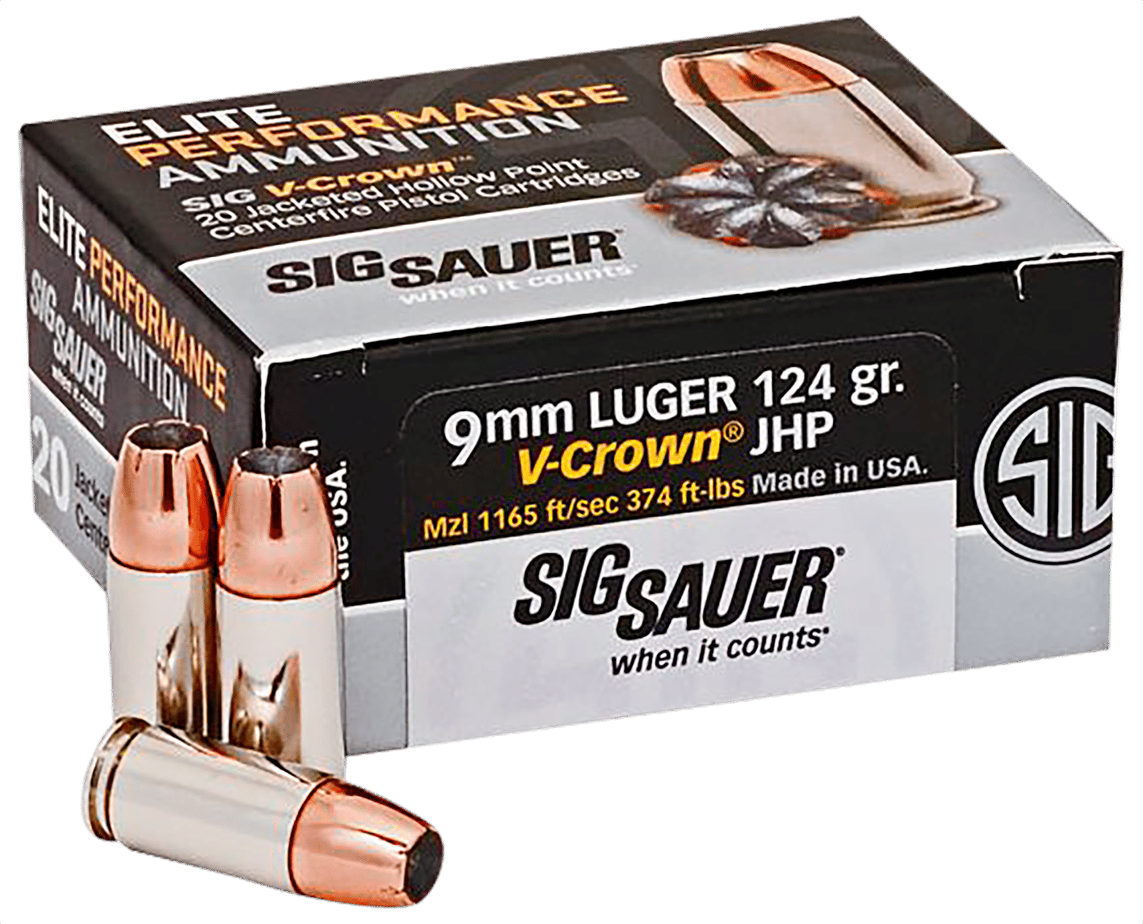 Sig Sauer E9MMA220 Elite Performance  9mmLuger 124gr V-Crown Jacketed Hollow Point 20 Per Box/10 Case