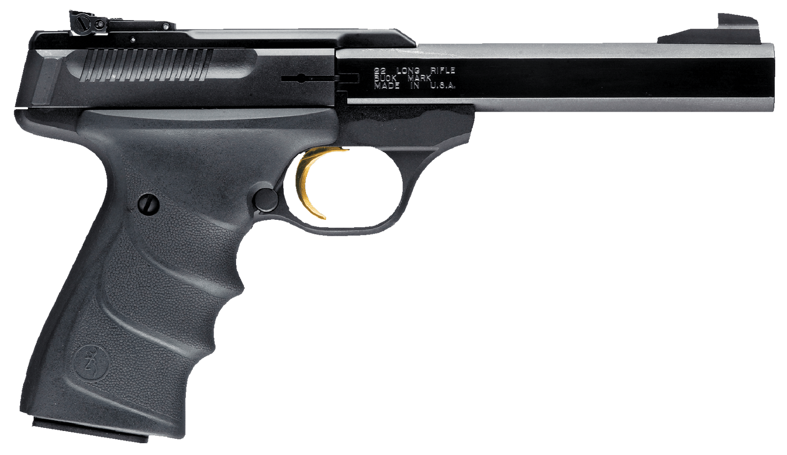 Browning 051407490 Buck Mark Standard *CA Compliant 22 LR 10+1 5.50" Slab Side Barrel, Matte Black Serrated Steel Slide & Aluminum Frame, Black Overmolded Grips