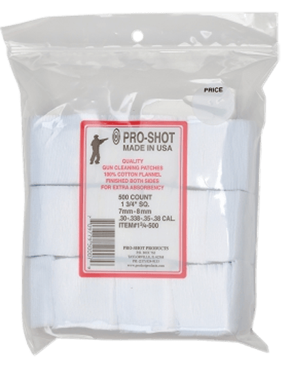 Pro-Shot 134500 Cleaning Patches  .38/ 6mm/ 7mm Cal 1.75" Square Cotton Flannel 500 Pack