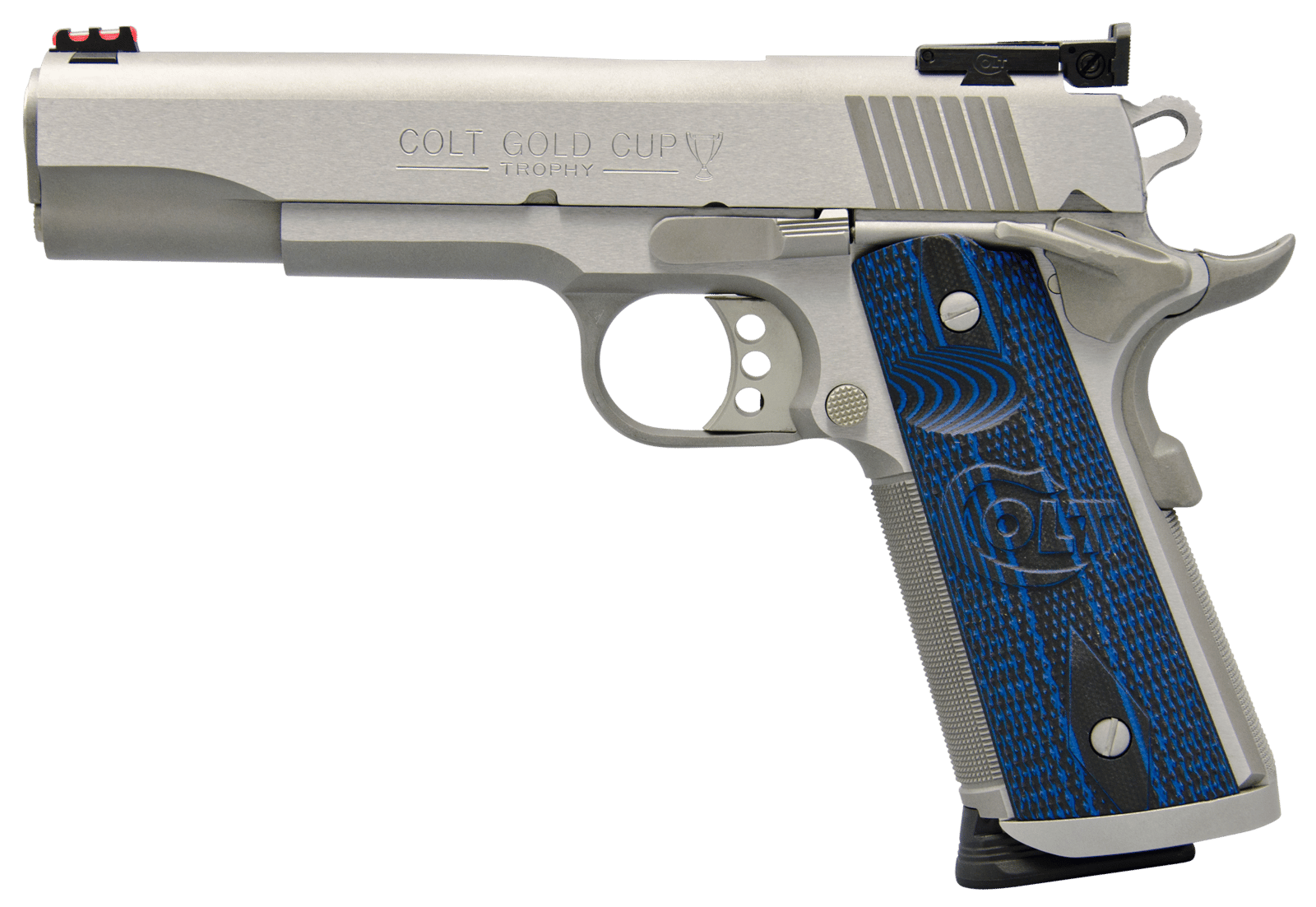 Colt Mfg O5070XE Gold Cup Trophy 45 ACP 8+1 5" Steel Barrel,  Stainless Steel Serrated Slide & Frame w/Beavertail, Competition Blue G10 Grips, Right Hand