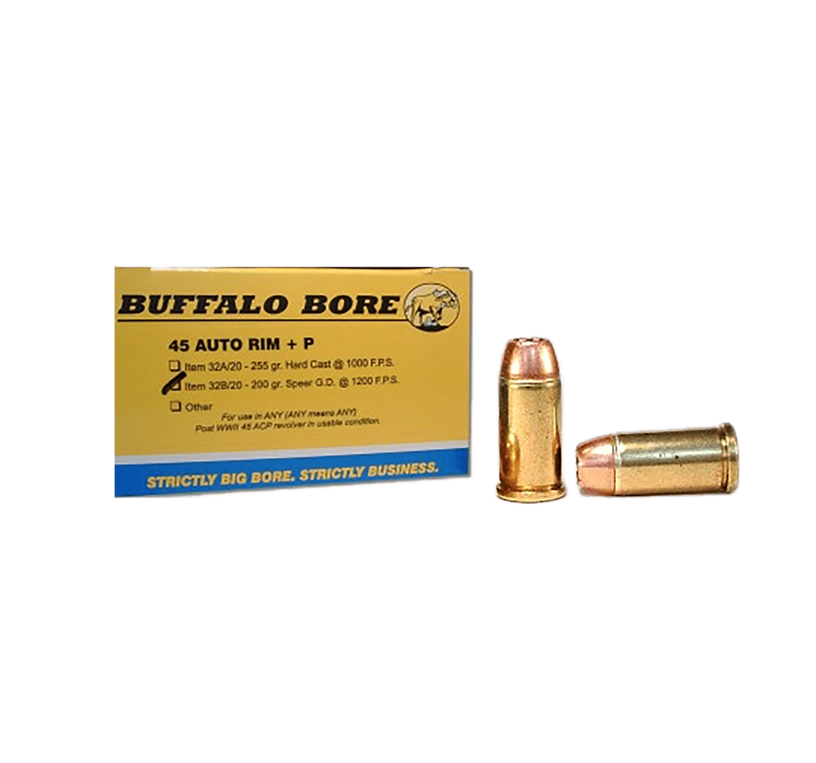 Buffalo Bore Ammunition 32B20 Personal Defense Strictly Business 45Auto Rim +P 200gr Jacket Hollow Point 20 Per Box/12 Case