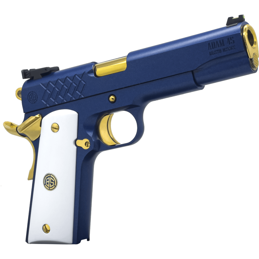 Dickinson LLC DKSN45SM Adam 1911 Sapphire Full Size 45 ACP 8+1 5" Gold Barrel, Blue Sapphire Steel Slide & Frame w/Beavertail White Grip