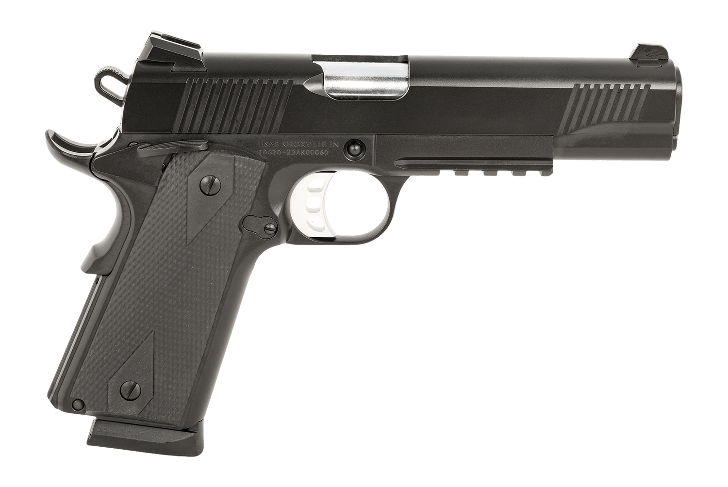 Tisas Arms 10100531 1911 Duty 9mm Luger 9+1 5" Stainless Barrel, Black Cerakote Carbon Steel Serrated Slide & Frame w/Picatinny Rail, Black Rubber Grip