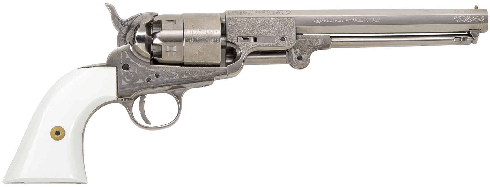 Traditions FR185117 1851 Navy Break Open 44 Cal #11 Percussion 7.50" 6 Shot Nickle Engraved Simulated Ivory Grip