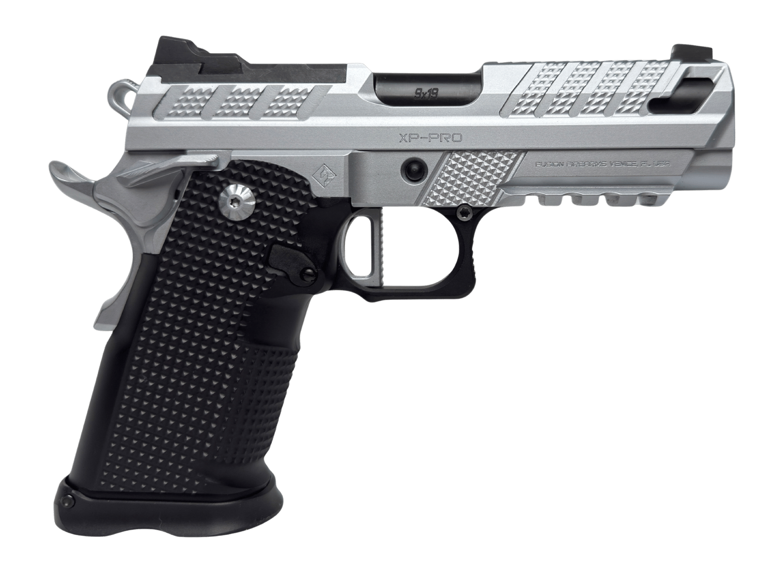 Fusion Firearms XP-3C-9-C-10 XP 3C Compact Frame 9mm Luger 10+1 3" Black Tennifer Barrel, Chrome Steel Serrated Slide & Frame w/Beavertail & Picatinny Rail, Black Aluminum Grip
