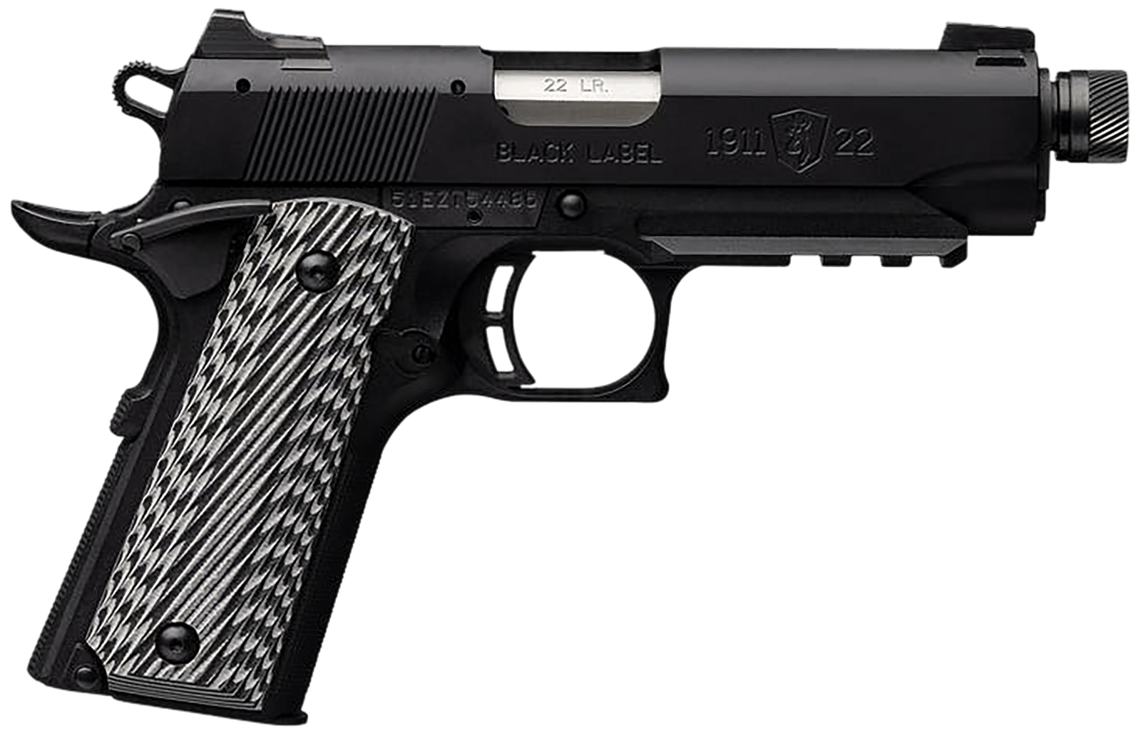 Browning 051821490 1911-22 Black Label Compact SR 22 LR 10+1 4.25" 3.50" Threaded Barrel, Matte Black Serrated Steel Slide & Polymer Frame w/Picatinny Rail & Beavertail, Black/Gray Textured G10 Grips