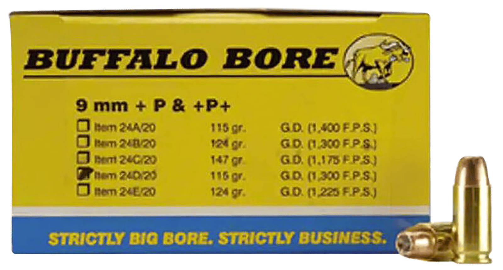 Buffalo Bore Ammunition 24D20 Personal Defense Strictly Business 9mmLuger +P 115gr Jacket Hollow Point 20 Per Box/12 Case