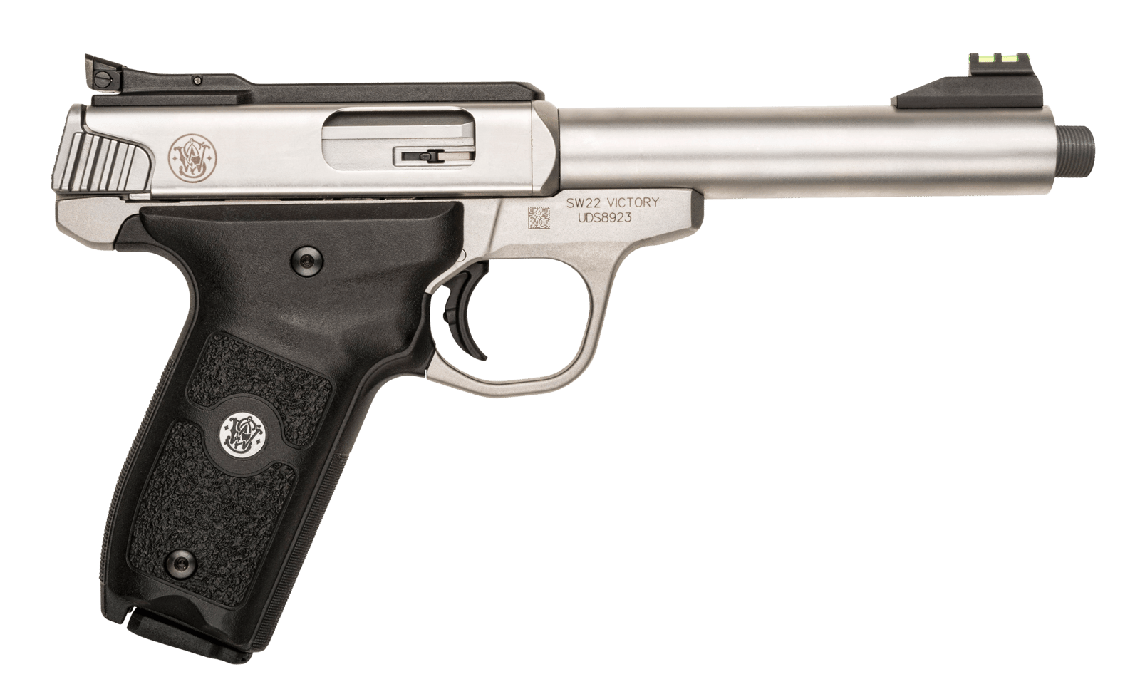 Smith & Wesson 10201 SW22 Victory Full Size Frame 22 LR 10+1, 5.50" Satin Stainless Steel Threaded Barrel, Slide & Frame, Black Textured Grip, Thumb Safety
