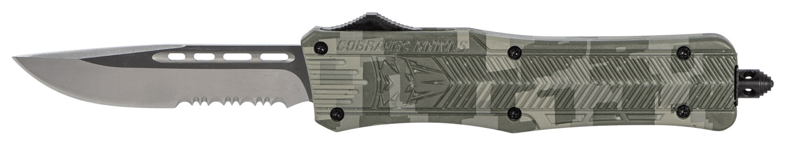 CobraTec Knives MADCCTK1MDS CTK-1  Medium 3" OTF Part Serrated D2 Steel Blade Army DigiCamo Aluminum Handle Features Glass Breaker Includes Pocket Clip