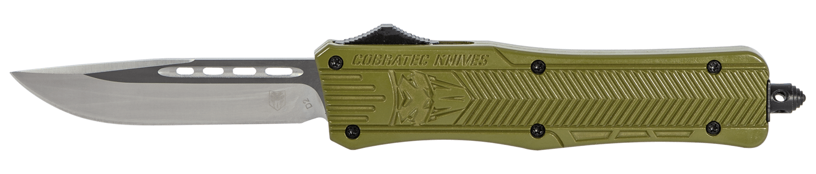 CobraTec Knives MODCTK1MDNS CTK-1  Medium 3" OTF Drop Point Plain D2 Steel Blade/OD Green Aluminum Handle Features Glass Breaker Includes Pocket Clip
