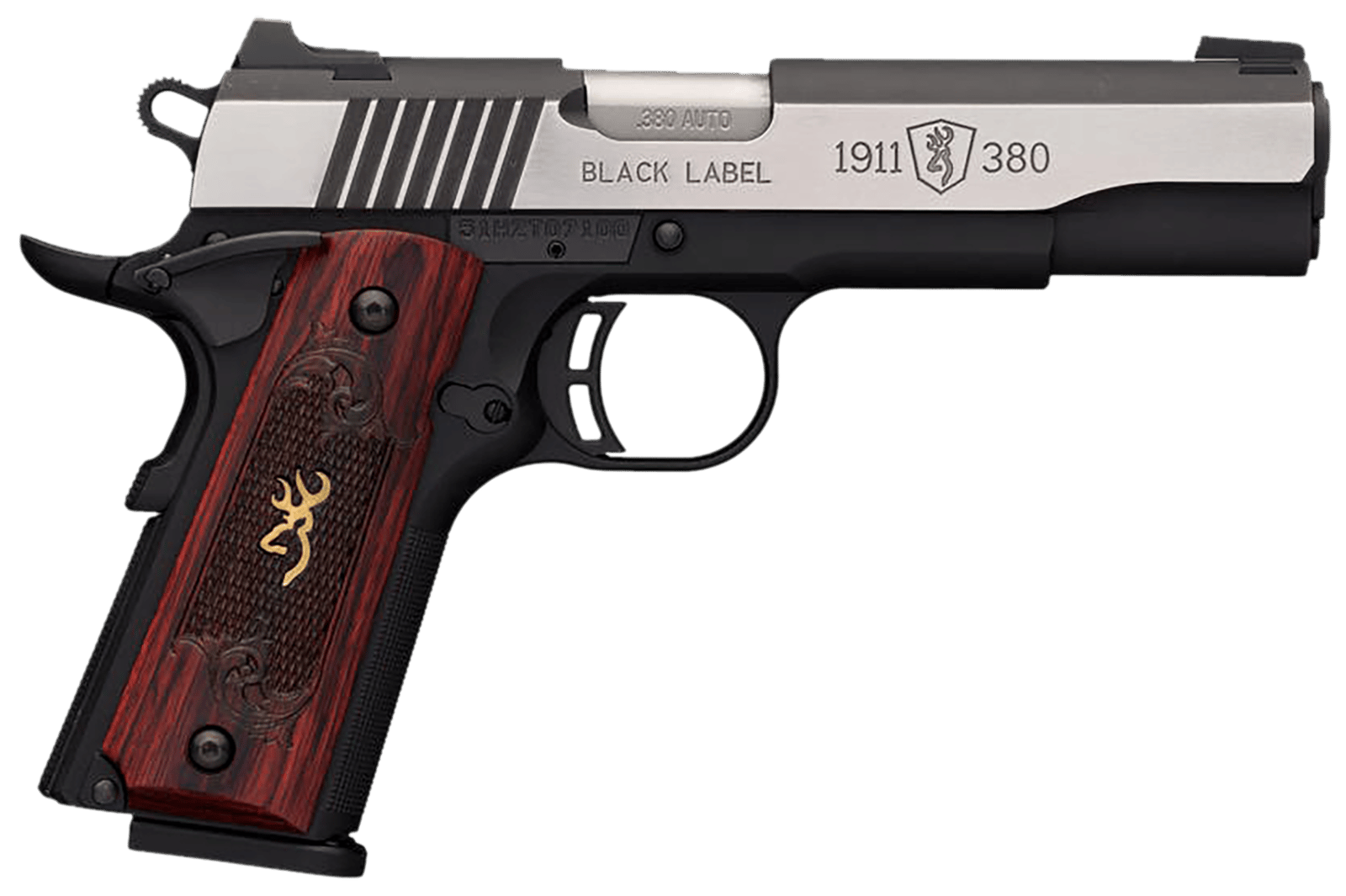 Browning 051914492 1911 Black Label Medallion Pro 380 ACP 8+1 4.25" Target Crown Barrel, Blackened w/Silver Polished Flats Serrated SS Slide, Matte Black Polymer Frame w/Beavertail