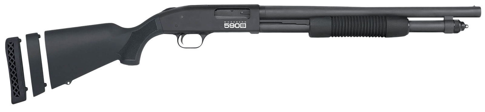 Mossberg 51607 590S  Compact 12 Gauge Pump 3" 5+1 18.50" Matte Blued Stainless Steel Barrel, Black Drilled & Tapped Receiver, Adj LOP Black Synthetic Stock