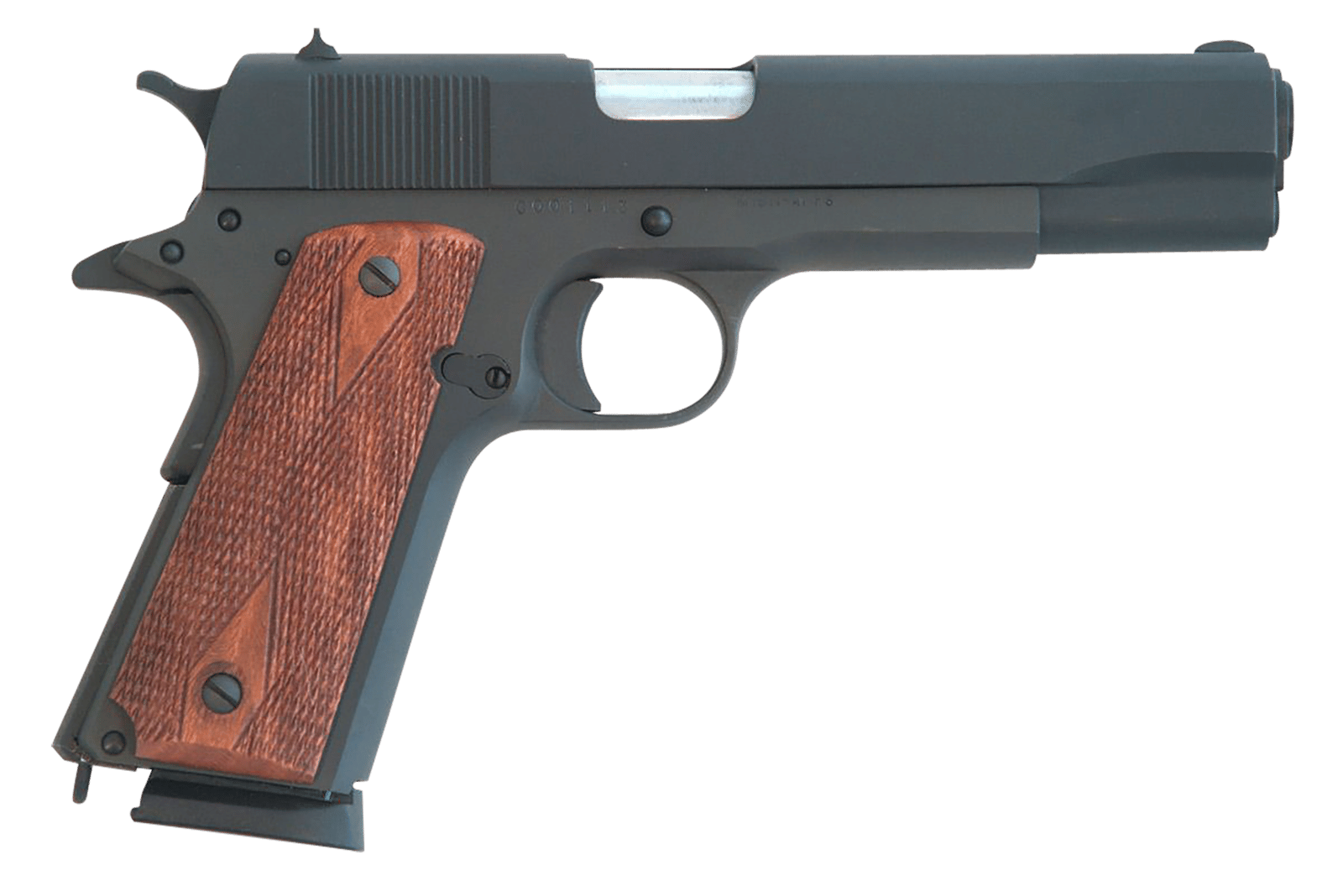 Cimarron 1911 1911  .45 ACP 8+1, 5.03" Black Steel Barrel, Black Parkerized Serrated Slide & Frame, Checkered Walnut Grips