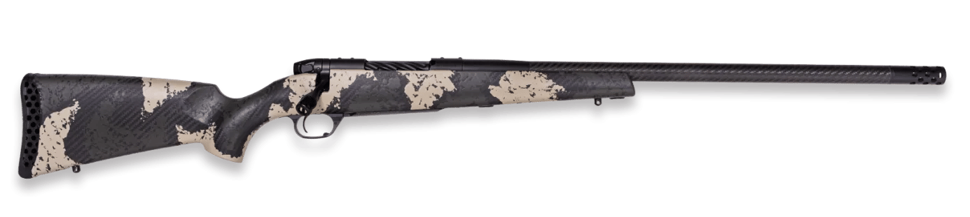 Weatherby MGS01N300PR4B Mark V Backcountry Guide 300 PRC 3+1 22" Carbon Fiber Fluted Threaded Barrel, Black Cerakote Steel Drilled & Tapped Receiver, Black w/Olive Green & Backpack Accents Fixed Peak