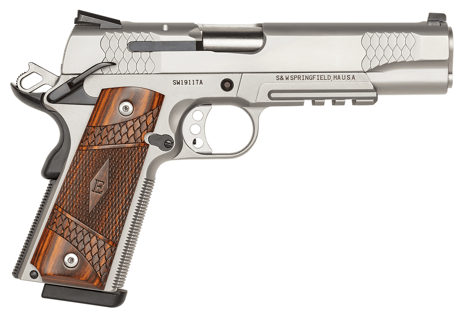 Smith & Wesson 108411 1911 E-Series 45 ACP  5" Barrel 8+1, Satin Stainless Steel Frame & Slide, Laminate Wood E Series Grip, Tactical Accessory Rail, Manual Grip & Thumb Safety
