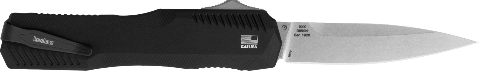 Kershaw 9000 Livewire  3.30" OTF Spear Point Plain Stonewashed CPM 20V SS Blade/ Textured Black Anodized Aluminum Handle Includes Pocket Clip