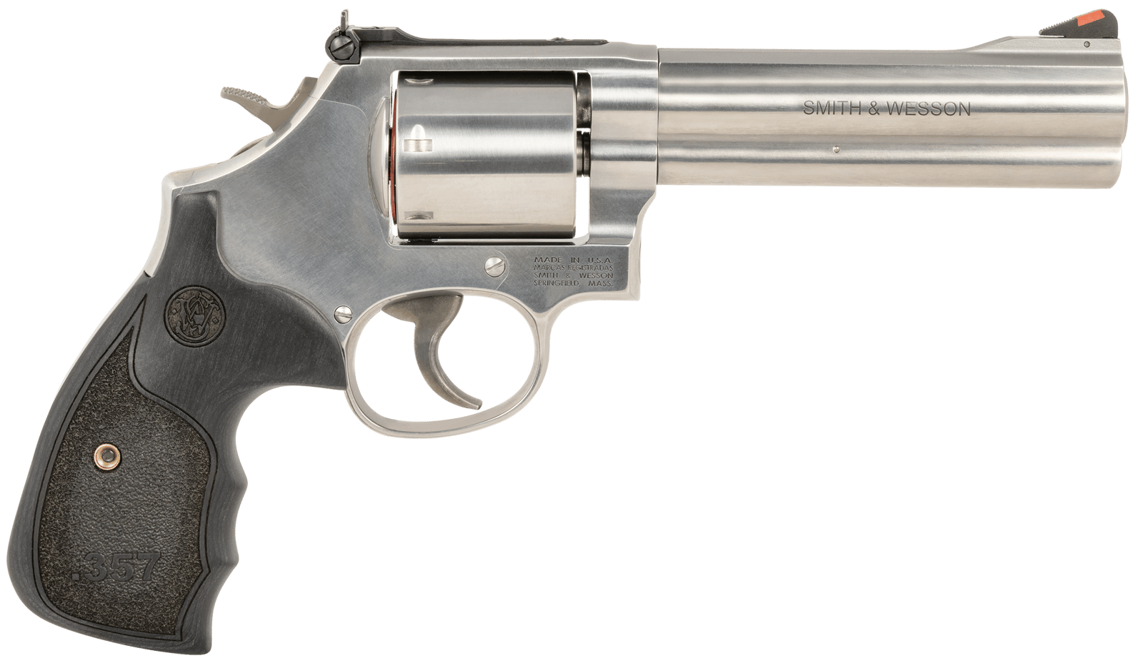 Smith & Wesson 150854 Model 686 Plus 38 S&W Spl +P, 357 Mag 7rd 5" Stainless Steel Barrel & Cylinder Satin Stainless Steel Frame with Black & Silver Custom Wood Grip & Red Ramp Front Sight