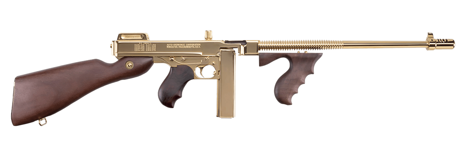 Thompson T150DTG 1927A-1 Deluxe 45 ACP Caliber with 16.50" Barrel, 20+1 Capacity (Stick), 50+1 Capacity (Drum), Titanium Gold Metal Finish, American Walnut Stock Wood Grip Right Hand